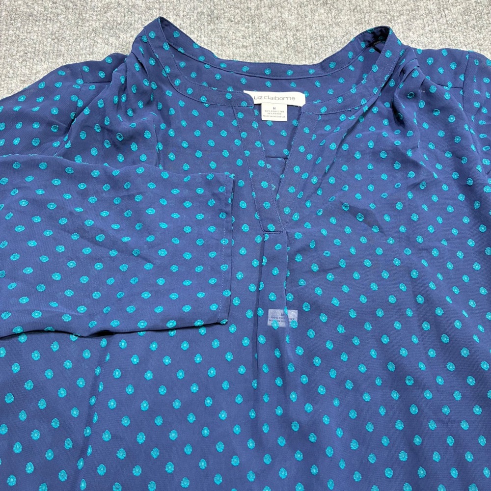 Liz‎ Claiborne Blouse Womens M Navy Blue Teal Polka Dot Split Neck 3/4 Sleeve